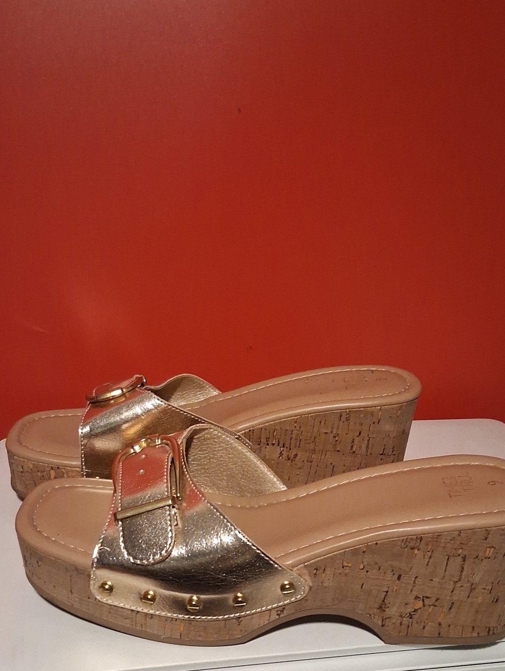 Time and Tru Metallic Gold Cork Wedge Slide Sandals